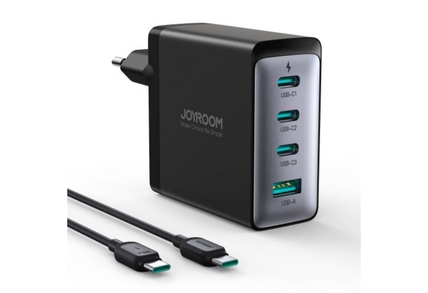 JOYROOM 100W GaN-Ladegerät 3x USB-C USB-A + USB-C USB-C-Kabel 100W - Schwarz Schnelllade-Gerät (2-tlg) von JOYROOM