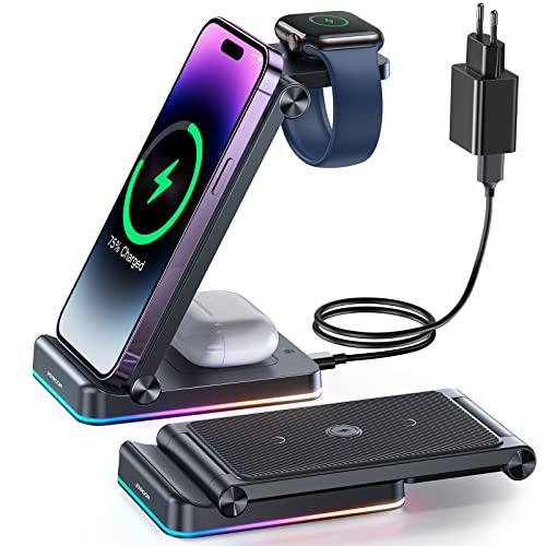 JOYROOM 3 in 1 Fast Kabellose Ladegerät,【Doppelspule & Nicht Heiß】 18W Faltbar Qi Induktive Ladestation, Wireless Charger Kompatibel mit iPhone 15/14/13 Series, Apple Watch 8/7/6/5, Airpods Pro/2nd/3 von JOYROOM