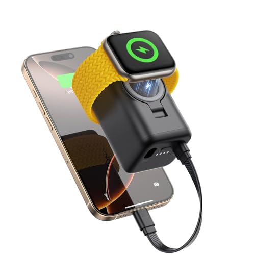 JOYROOM 5000mAh Mini Powerbank für iPhone und Apple Watch,[USB C auf iOS Dual Port Ladekabel], Tragbares Ladegerät mit iPhone16/15/14/13 und iWatch Series 10/9/8/7/6/5/SE/4/3/2/Ultra2/Ultra-Schwarz von JOYROOM