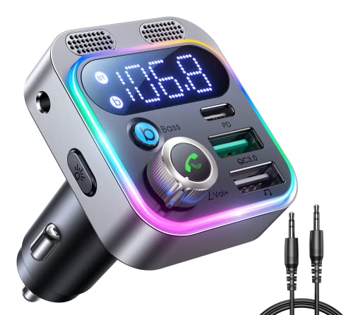 JOYROOM Aux Bluetooth Adapter Auto, 48W Bluetooth 5.3 FM Transmitter KFZ Radio [Dual-Mikrofone & HiFi Bass] Music Player, AUX-Anschluss & USB-Stick von JOYROOM