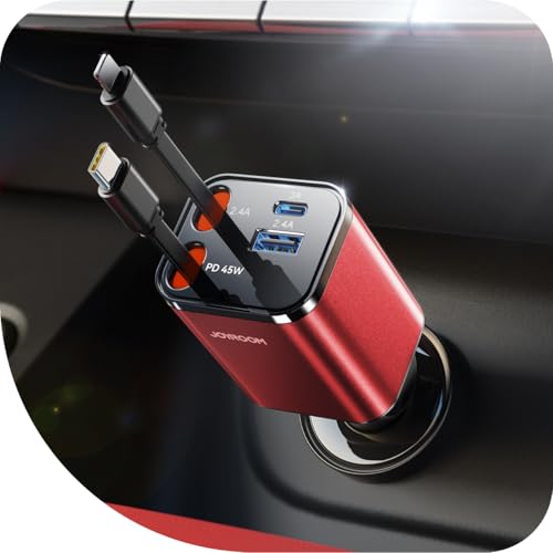 【4-IN-1】2025 JOYROOM 84W Einziehbares Zigarettenanzünder USB C,【Ultra-Compact】PD45W Schnelles Laden Auto Ladegerät USB C, 12V/24V USB Adapter Auto, Auto Zubehör Innenraum für iPhone 16/Sumsang S25-Rot von JOYROOM