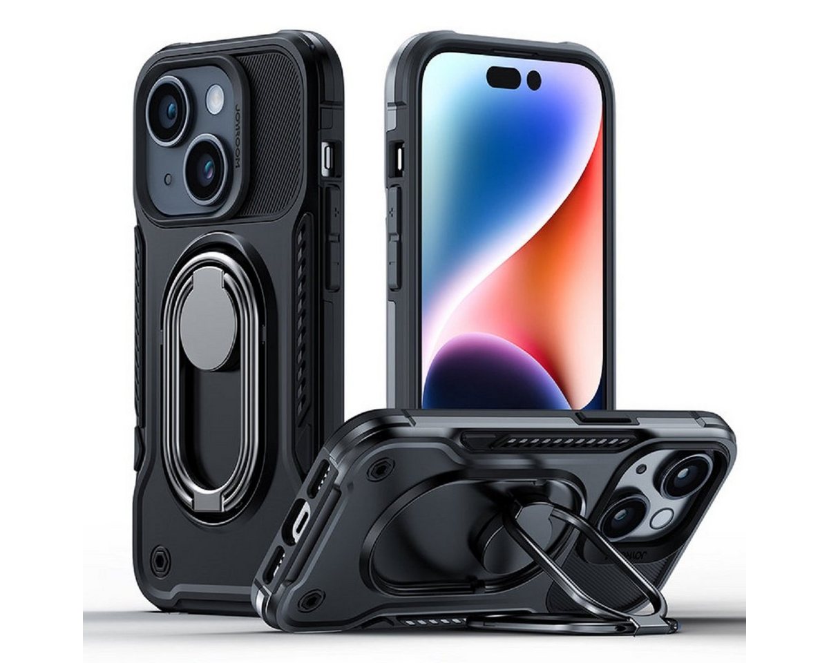 JOYROOM Handyhülle Dual Hinge Case für iPhone 14/Pro/Plus mit Ständer und Ringhalter, gepanzert, schwarz von JOYROOM