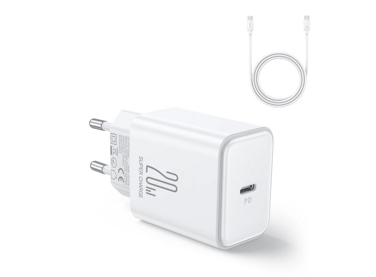 JOYROOM USB-C PD 20W Wandladegerät + USB-C-Kabel – Weiß - Schnellladegerät USB-Ladegerät von JOYROOM