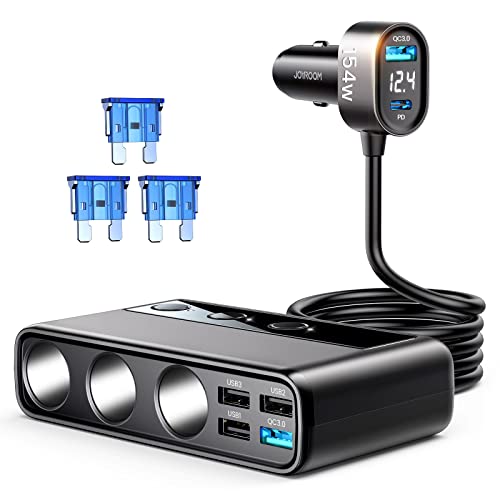 JOYROOM Zigarettenanzünder Verteiler, 154W Auto KFZ Ladegerät Adapter, 3 Fach 12V/24V Stecker Ladekabel Splitter mit 5 USB Anschlüsse für iPhone 15/iPad/Dashcam/GPS/Sitzheizung von JOYROOM