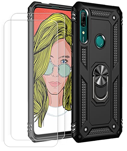 JOYTAG Hülle für Huawei P Smart Z Hülle，handyHülle+ Gehärtetes Glas Schutzfolie [2 Stück] Silikon TPU 360 Grad Drehring aus Halter magnetisch Autotelefon case-Schwarz von JOYTAG