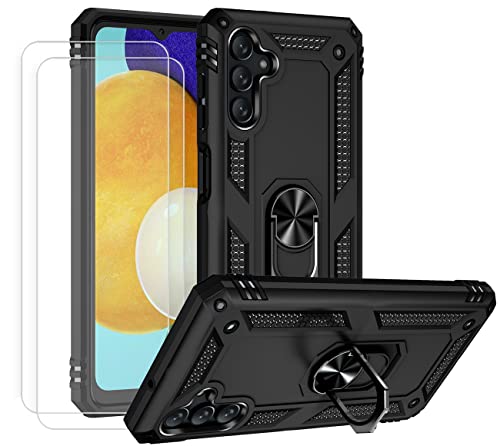 JOYTAG Hülle für Samsung A13 5G Hülle，handyHülle+ Gehärtetes Glas Schutzfolie [2 Stück] Silikon TPU 360 Grad Drehring aus Halter magnetisch Autotelefon case-Schwarz von JOYTAG
