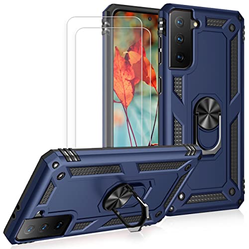 JOYTAG Hülle für Samsung S21 5G Hülle,handyHülle+ panzerglasfolie [2 Stück] Silikon TPU 360 Grad Drehring aus Halter magnetisch Autotelefon case-Blau von JOYTAG