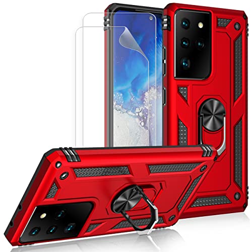 JOYTAG Hülle für Samsung S21 Untra 5G Hülle,handyHülle+Schutzfolie [2 Stück] Silikon TPU 360 Grad Drehring aus Halter magnetisch Autotelefon case-Rote von JOYTAG