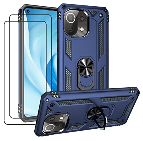 JOYTAG Hülle für Xiaomi Mi 11 Lite/Mi 11 Lite 5G Hülle，handyHülle+ Gehärtetes Glas Schutzfolie [2 Stück] Silikon TPU 360 Grad Drehring aus Halter magnetisch Autotelefon case-Blau von JOYTAG