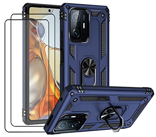 JOYTAG Hülle für Xiaomi 11T/11T Pro Hülle，handyHülle+ Gehärtetes Glas Schutzfolie [2 Stück] Silikon TPU 360 Grad Drehring aus Halter magnetisch Autotelefon case-Blau von JOYTAG