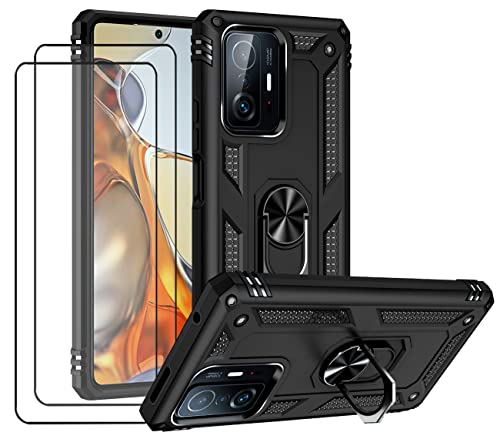 JOYTAG Hülle für Xiaomi 11T/11T Pro Hülle，handyHülle+ Gehärtetes Glas Schutzfolie [2 Stück] Silikon TPU 360 Grad Drehring aus Halter magnetisch Autotelefon case-Schwarz von JOYTAG