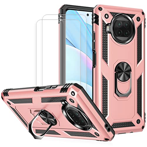 JOYTAG kompatibel für Xiaomi Mi 10T Lite 5G Hülle，handyHülle+ Gehärtetes Glas Schutzfolie [2 Stück] Silikon TPU 360 Grad Drehring aus Halter magnetisch Autotelefon case-Rosé Gold von JOYTAG