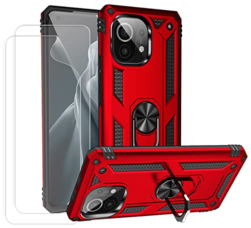 JOYTAG kompatibel für Xiaomi Mi 11/Mi 11 5G Hülle,handyHülle+Schutzfolie [2 Stück] Silikon TPU 360 Grad Drehring aus Halter magnetisch Autotelefon case-Rote von JOYTAG