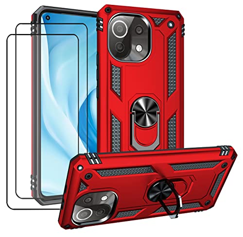 JOYTAG kompatibel für Xiaomi Mi 11 Lite/Mi 11 Lite 5G Hülle，handyHülle+ Gehärtetes Glas Schutzfolie [2 Stück] Silikon TPU 360 Grad Drehring aus Halter magnetisch Autotelefon case-Rote von JOYTAG
