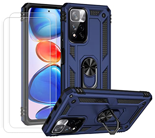 JOYTAG Hülle für Xiaomi Mi 11i 5G/Poco X4 NFC 5G Hülle，handyHülle+ Gehärtetes Glas Schutzfolie [2 Stück] Silikon TPU 360 Grad Drehring aus Halter magnetisch Autotelefon case-Blau von JOYTAG