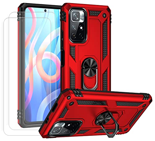 JOYTAG Hülle für Xiaomi Poco M4 Pro 5G Hülle，handyHülle+ Gehärtetes Glas Schutzfolie [2 Stück] Silikon TPU 360 Grad Drehring aus Halter magnetisch Autotelefon case-Rote von JOYTAG
