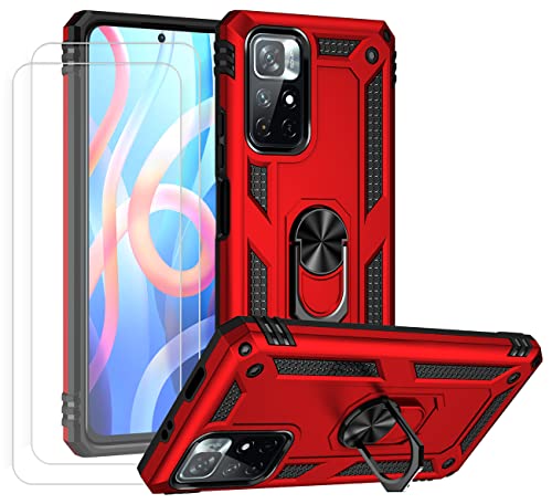 JOYTAG kompatibel für Xiaomi Poco M4 Pro 5G Hülle，handyHülle+ Gehärtetes Glas Schutzfolie [2 Stück] Silikon TPU 360 Grad Drehring aus Halter magnetisch Autotelefon case-Rote von JOYTAG