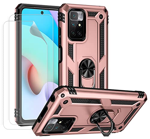 JOYTAG kompatibel für Xiaomi Redmi 10 Hülle,handyHülle+ Gehärtetes Glas Schutzfolie [2 Stück] Silikon TPU 360 Grad Drehring aus Halter magnetisch Autotelefon case-Rosé Gold von JOYTAG