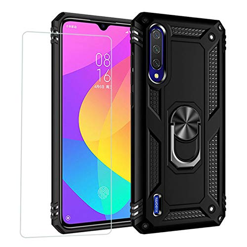 Joytag Hülle für Xiaomi Mi 9 Lite handyHülle+ Gehärtetes Glas Schutzfolie Silikon TPU 360 Grad Drehring aus Halter magnetisch Autotelefon case-Schwarz von JOYTAG