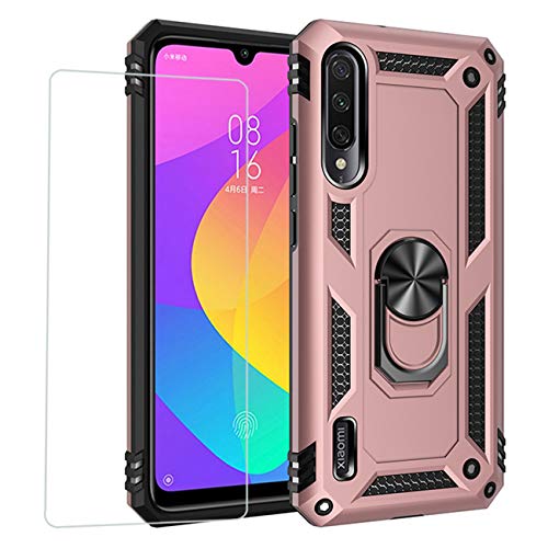 Joytag Hülle für Xiaomi Mi A3 handyHülle+ Gehärtetes Glas Schutzfolie Silikon TPU 360 Grad Drehring aus Halter magnetisch Autotelefon case-Rosé Gold von JOYTAG