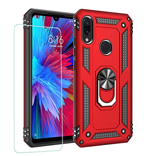 Joytag Hülle für Xiaomi Redmi Note 7 handyHülle+ Gehärtetes Glas Schutzfolie Silikon TPU 360 Grad Drehring aus Halter magnetisch Autotelefon case-Rote von JOYTAG