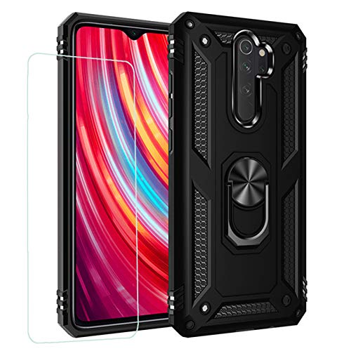 Joytag Hülle für Xiaomi Redmi Note 8 Pro handyHülle+ Gehärtetes Glas Schutzfolie Silikon TPU 360 Grad Drehring aus Halter magnetisch Autotelefon case-Schwarz von JOYTAG