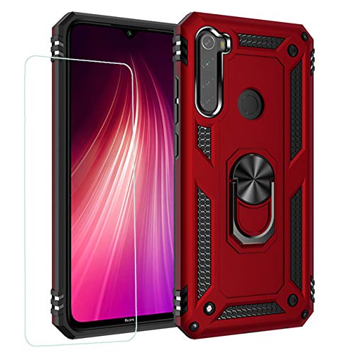 Joytag Hülle für Xiaomi Redmi Note 8 handyHülle+ Gehärtetes Glas Schutzfolie Silikon TPU 360 Grad Drehring aus Halter magnetisch Autotelefon case-Rote von JOYTAG