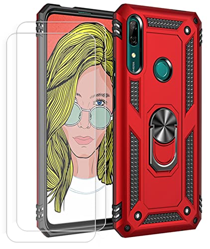 Joytag kompatibel für Huawei P Smart Z Hülle，handyHülle+ Gehärtetes Glas Schutzfolie [2 Stück] Silikon TPU 360 Grad Drehring aus Halter magnetisch Autotelefon case-Rote von JOYTAG