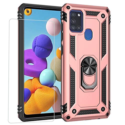 Joytag kompatibel für Samsung A21S Hülle，handyHülle+ panzerglasfolie Silikon TPU 360 Grad Drehring aus Halter magnetisch Autotelefon case-Rosé Gold von JOYTAG