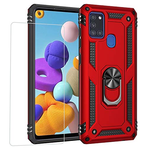 Joytag kompatibel für Samsung A21S Hülle，handyHülle+ panzerglasfolie Silikon TPU 360 Grad Drehring aus Halter magnetisch Autotelefon case-Rote von JOYTAG