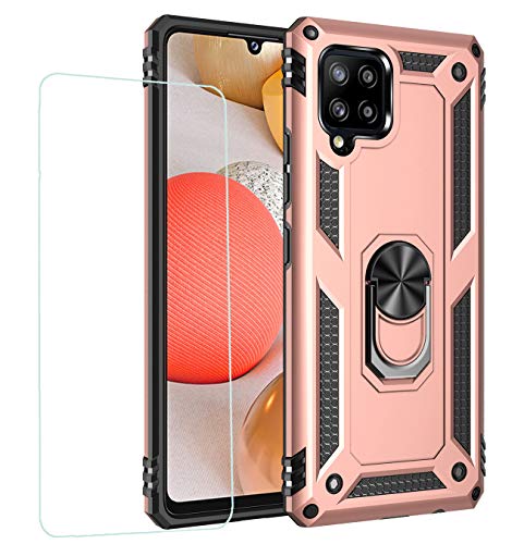 Joytag kompatibel für Samsung A42 5G Hülle，handyHülle+ panzerglasfolie Silikon TPU 360 Grad Drehring aus Halter magnetisch Autotelefon case-Rosé Gold von JOYTAG