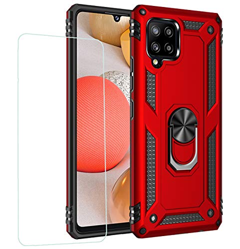 Joytag kompatibel für Samsung A42 5G Hülle，handyHülle+ panzerglasfolie Silikon TPU 360 Grad Drehring aus Halter magnetisch Autotelefon case-Rote von JOYTAG