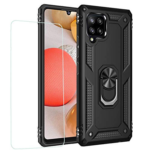 Joytag kompatibel für Samsung A42 5G Hülle，handyHülle+ panzerglasfolie Silikon TPU 360 Grad Drehring aus Halter magnetisch Autotelefon case-Schwarz von JOYTAG