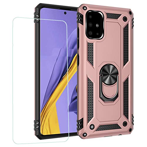 Joytag kompatibel für Samsung A51 4G Hülle，handyHülle+ panzerglasfolie Silikon TPU 360 Grad Drehring aus Halter magnetisch Autotelefon case-Rosé Gold von JOYTAG