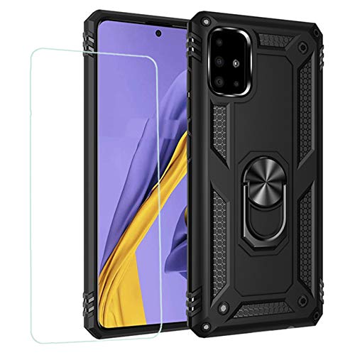 Joytag kompatibel für Samsung A51 4G Hülle，handyHülle+ panzerglasfolie Silikon TPU 360 Grad Drehring aus Halter magnetisch Autotelefon case-Schwarz von JOYTAG