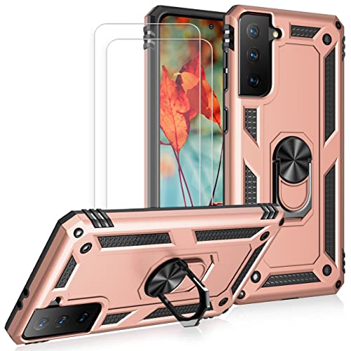 Joytag kompatibel für Samsung S21 5G Hülle,handyHülle+ Gehärtetes Glas Schutzfolie [2 Stück] Silikon TPU 360 Grad Drehring aus Halter magnetisch Autotelefon case-Rosé Gold von JOYTAG