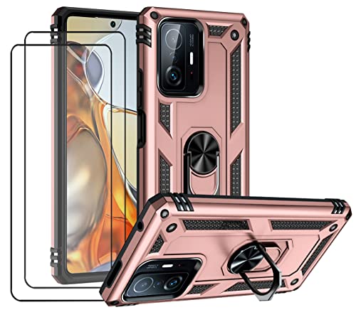 Joytag kompatibel für Xiaomi 11T/11T Pro Hülle，handyHülle+ Gehärtetes Glas Schutzfolie [2 Stück] Silikon TPU 360 Grad Drehring aus Halter magnetisch Autotelefon case-Rosé Gold von JOYTAG