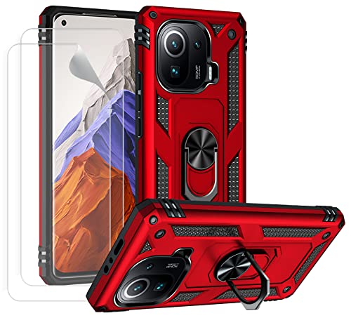 Joytag kompatibel für Xiaomi Mi 11 Pro Hülle,handyHülle+Schutzfolie [2 Stück] Silikon TPU 360 Grad Drehring aus Halter magnetisch Autotelefon case-Rote von JOYTAG