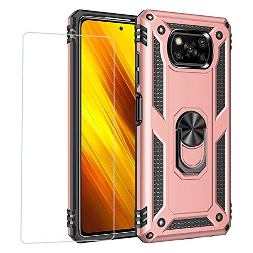 Joytag kompatibel für Xiaomi Poco X3 NFC Hülle，handyHülle+ panzerglasfolie Silikon TPU 360 Grad Drehring aus Halter magnetisch Autotelefon case-Rosé Gold von JOYTAG