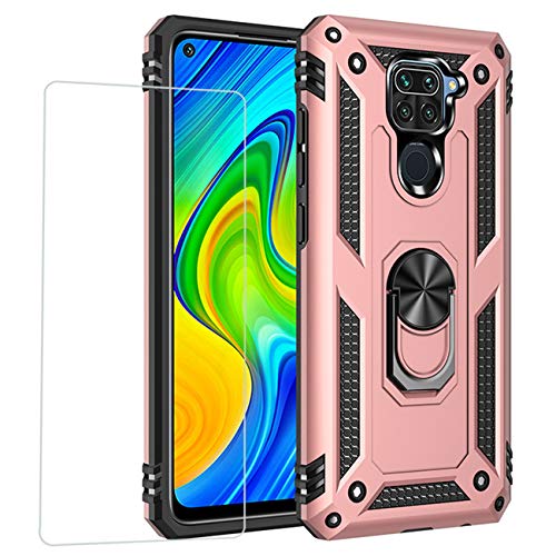 Joytag kompatibel für Xiaomi Redmi Note 9 Hülle，handyHülle+ panzerglasfolie Silikon TPU 360 Grad Drehring aus Halter magnetisch Autotelefon case-Rosé Gold von JOYTAG