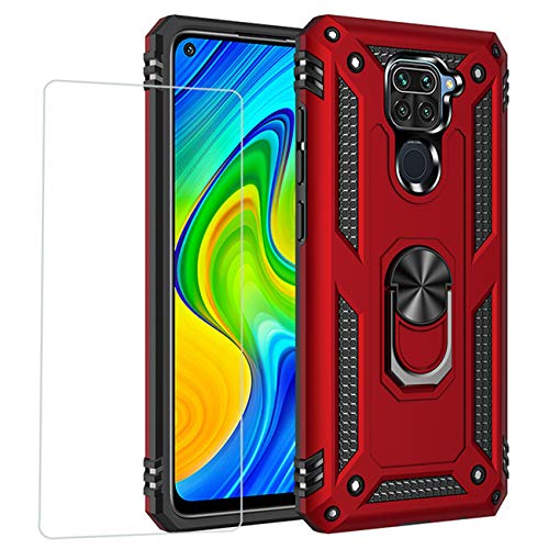 Joytag kompatibel für Xiaomi Redmi Note 9 Hülle，handyHülle+ panzerglasfolie Silikon TPU 360 Grad Drehring aus Halter magnetisch Autotelefon case-Rote von Joytag