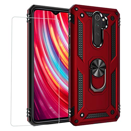 Joytag kompatibel für Xiaomi Redmi Note 9S/Note 9 Pro Hülle，handyHülle+ panzerglasfolie Silikon TPU 360 Grad Drehring aus Halter magnetisch Autotelefon case-Rote von JOYTAG