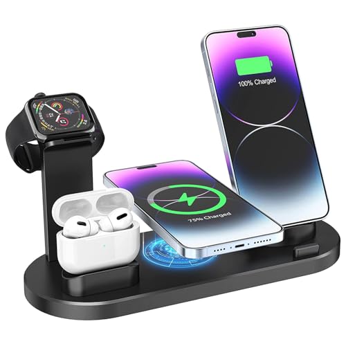 6-in-1 kabellose Ladestation für iPhone 16/15/14/13/12/11/XS/X/XR/8/76/5 Plus Pro Max Airpods 2 3 Pro Samsung kabelloses Ladegerät, Telefon, Kopfhörer, Uhr (schwarz inklusive Uhren-Ladegerät) von JPFREEPE