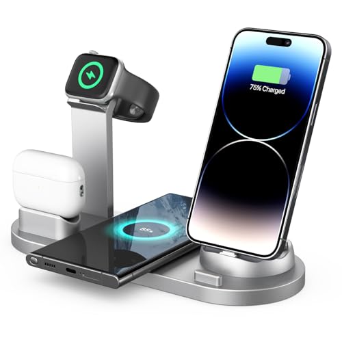 6-in-1 kabellose Ladestation für iPhone 16/15/14/13/12/11/XS/X/XR/8/76/5 Plus Pro Max Airpods 2 3 Pro Samsung kabelloses Ladegerät, Telefon, Kopfhörer, Uhrenladung (Silber inklusive Uhren-Ladegerät) 6-in-1 kabellose Ladestation für iPhone 16/15/14/13/12/11/XS/X/XR/8/76/5 Plus Pro Max Airpods 2 3 Pro Samsung kabelloses Ladegerät, Telefon, Kopfhörer, Uhrenladung (Silber inklusive Uhren-Ladegerät) von JPFREEPE