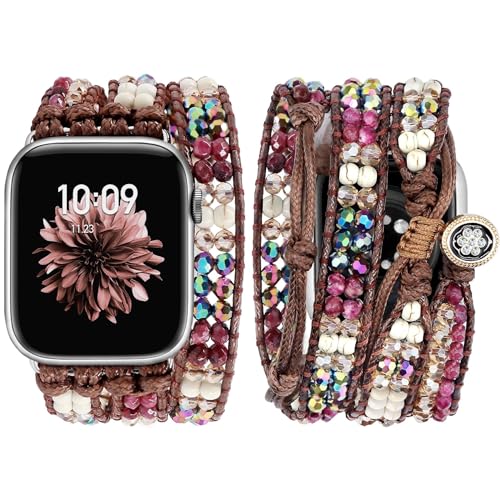 JR.DM Boho Armband Kompatibel mit Apple Watch Armband 38mm 40mm 41mm 42mm 44mm 45mm Amethyst Armbänder Naturstein Handgefertigtes Geflochtenes Uhrenarmband für iWatch Serie 9/8/7/6/5/4/3/2/1/ SE von JR.DM