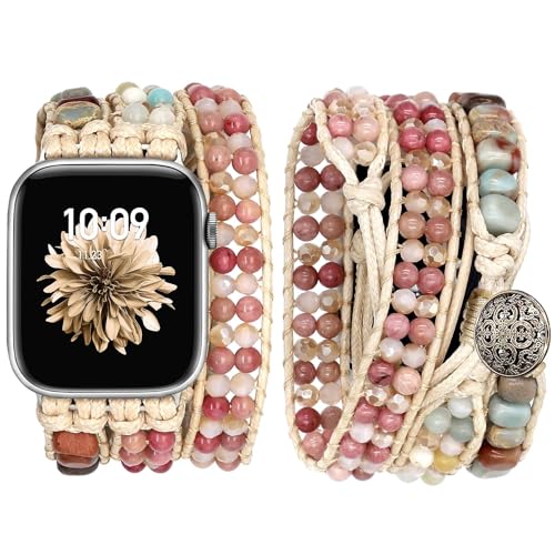 JR.DM Boho Armband Kompatibel mit Apple Watch Armband 38mm 40mm 41mm 42mm 44mm 45mm Rosa Armbänder Naturstein Handgefertigtes Geflochtenes Uhrenarmband für iWatch Serie 9/8/7/6/5/4/3/2/1/ SE/Ultra von JR.DM