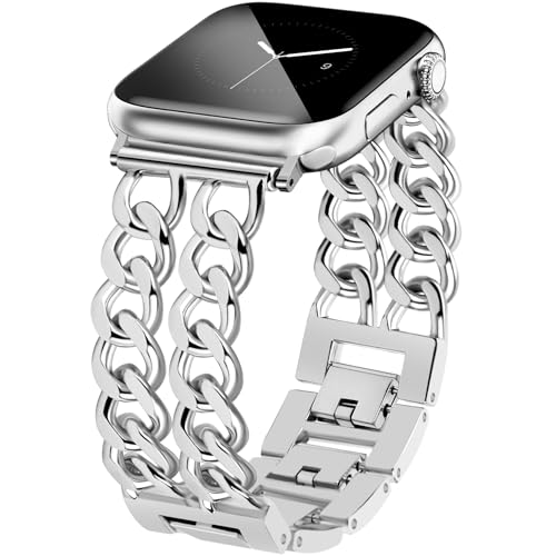 JR.DM Metall Band Silber Kompatibel mit Apple Watch Armband 38mm 40mm 41mm 42mm 44mm 45mm, Doppelketten Elegant Herren Damen Gliederarmband Ersatz für iWatch Serie 9/8/7/6/5/4/3/2/1/SE/Ultra von JR.DM