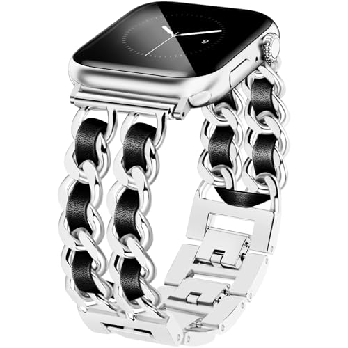 JR.DM Metall Band Silber Kompatibel mit Apple Watch Armband 38mm 40mm 41mm 42mm 44mm 45mm 46mm, Doppelketten Elegant Damen Leder Armband Ersatz für iWatch Series 10/9/8/7/6/5/4/3/2/1/SE/Ultra JR.DM Metall Band Silber Kompatibel mit Apple Watch Armband 38mm 40mm 41mm 42mm 44mm 45mm 46mm, Doppelketten Elegant Damen Leder Armband Ersatz für iWatch Series 10/9/8/7/6/5/4/3/2/1/SE/Ultra von JR.DM