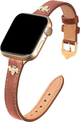 JR.DM Schlankes Lederarmband Damen Kompatibel mit Apple Watch Armband 38mm 40mm 41mm 42mm 44mm 45mm, Echtes dünnes Leder Ersatzband mit Charms für iWatch Series 9/8/7/6/5/4/3/2/1,SE, Braun/Gold von JR.DM