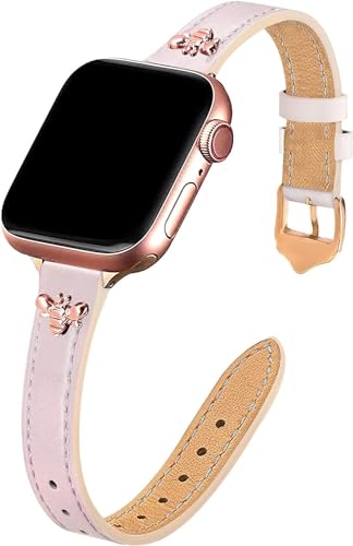 JR.DM Schlankes Lederarmband Damen Kompatibel mit Apple Watch Armband 38mm 40mm 41mm 42mm 44mm 45mm, Echtes dünnes Leder Ersatzband mit Charms für iWatch Series 9/8/7/6/5/4/3/2/1,SE, Rosa/Roségold von JR.DM